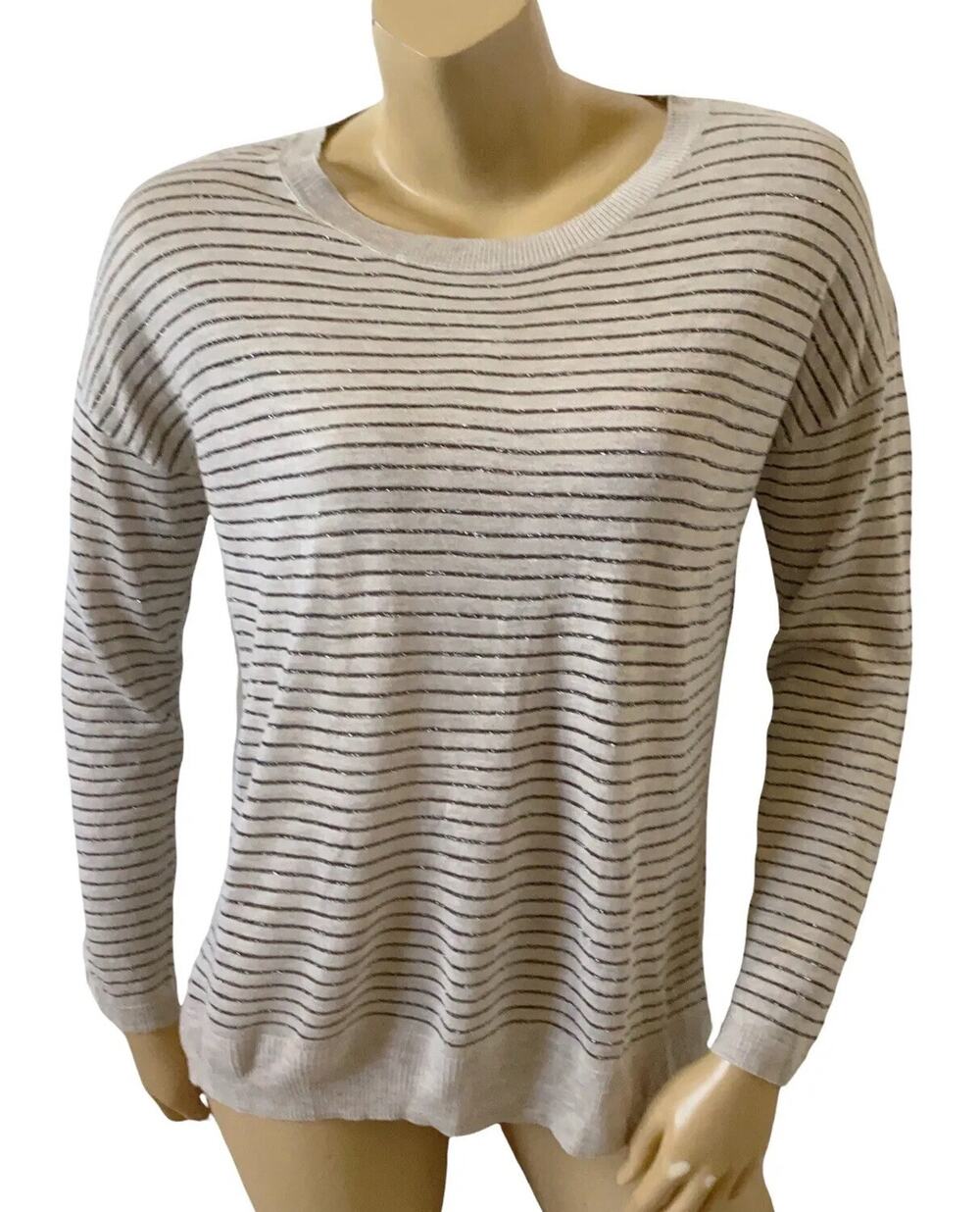 Daisy Fuentes Sweater Womens Small Beige Metallic Striped Crew Neck Lightweight